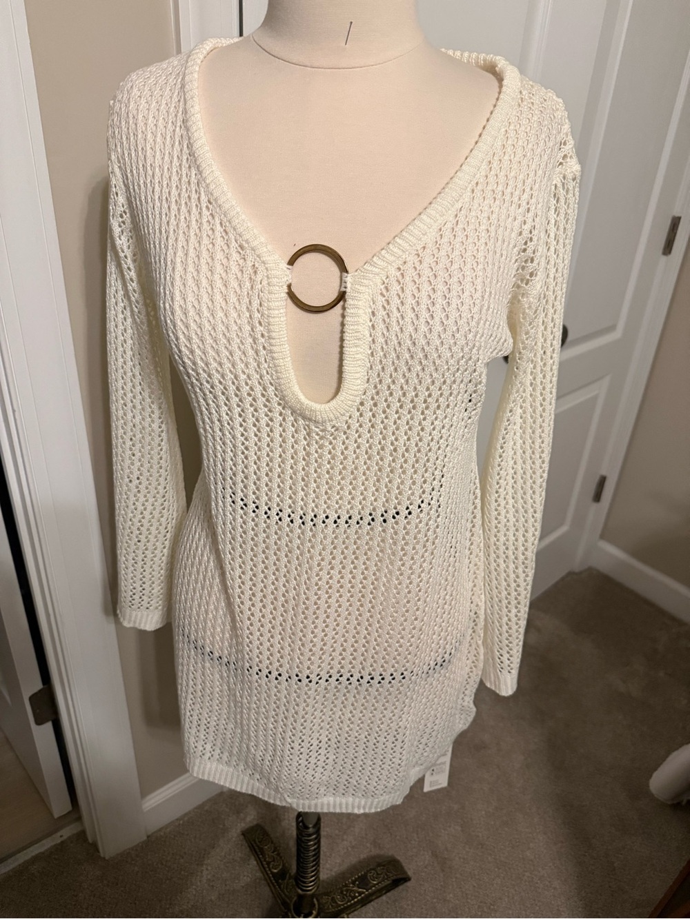 Women's Cream Open-Knit Cover up with Plunge Ring Detail
